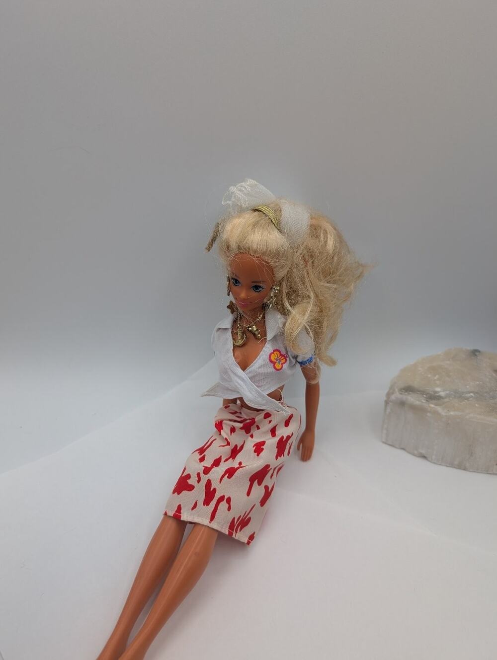 Vintage Mattel Barbie Doll Blonde Hair Blue Eyes White Top Red Skirt 11.5"